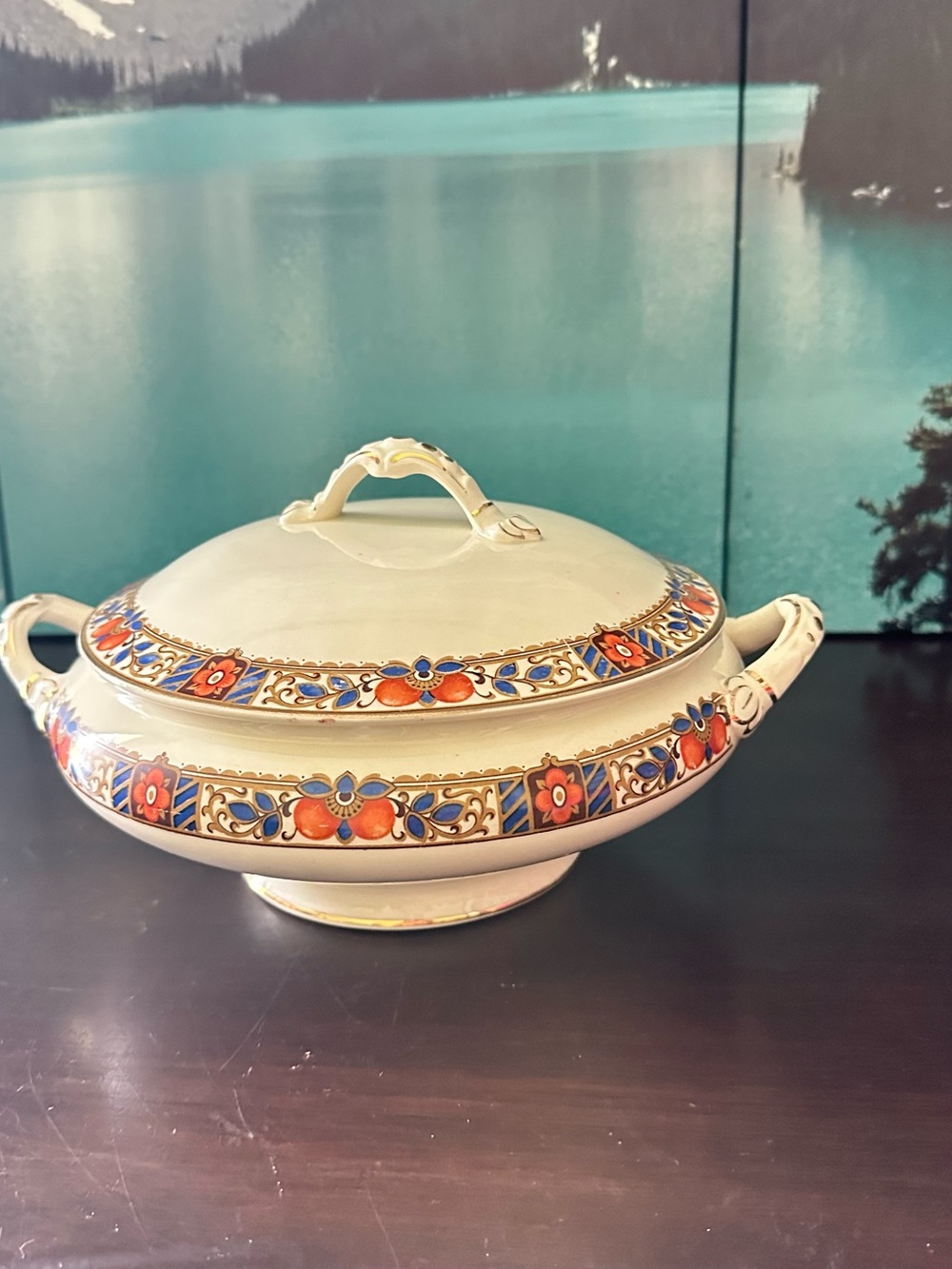 Vintage Floral Ceramic Covered Serving Bowl - Cream with Orange & Blue Accents